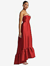 Side View Thumbnail - Poppy Red Strapless Deep Ruffle Hem Satin High Low Dress with Pockets