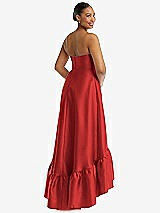 Rear View Thumbnail - Poppy Red Strapless Deep Ruffle Hem Satin High Low Dress with Pockets