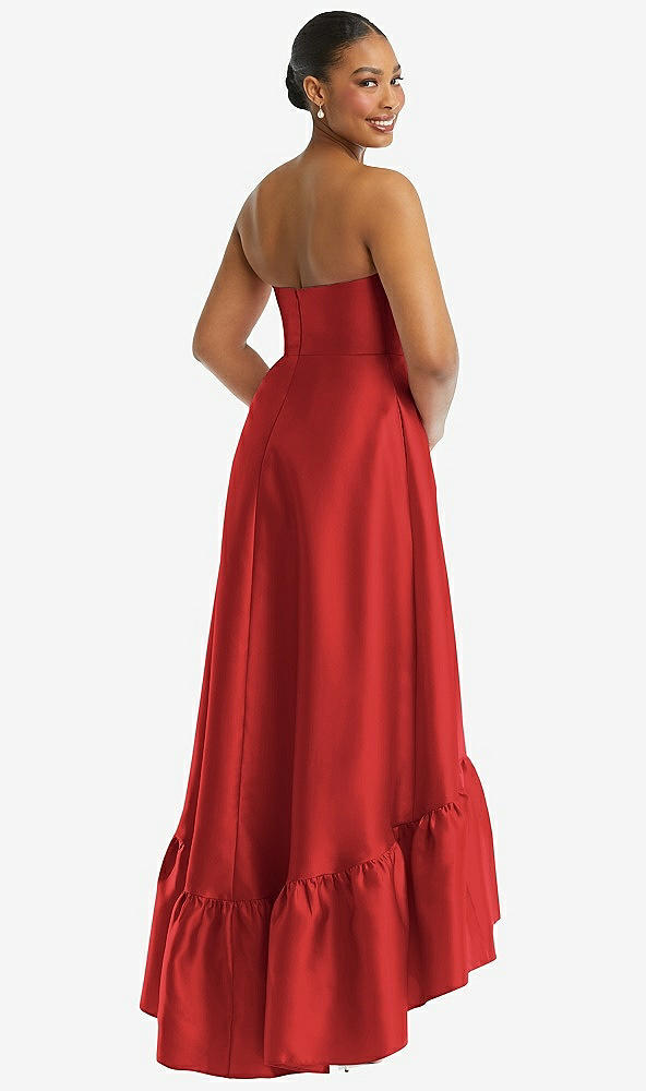 Back View - Poppy Red Strapless Deep Ruffle Hem Satin High Low Dress with Pockets