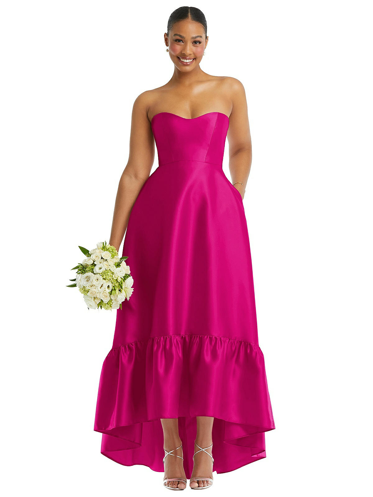 Alfred Sung Strapless Deep Ruffle Hem Satin High Low Dress with Pockets - D838 - Pink - 8