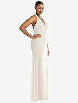 Side View Thumbnail - Ivory Plunge Neck Halter Backless Trumpet Gown with Front Slit