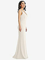 Side View Thumbnail - Ivory Skinny Strap Deep V-Neck Crepe Trumpet Gown with Front Slit