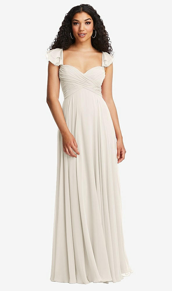 Back View - Ivory Shirred Cross Bodice Lace Up Open-Back Maxi Dress with Flutter Sleeves