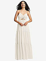 Front View Thumbnail - Ivory Drawstring Bodice Gathered Tie Open-Back Maxi Dress with Tiered Skirt