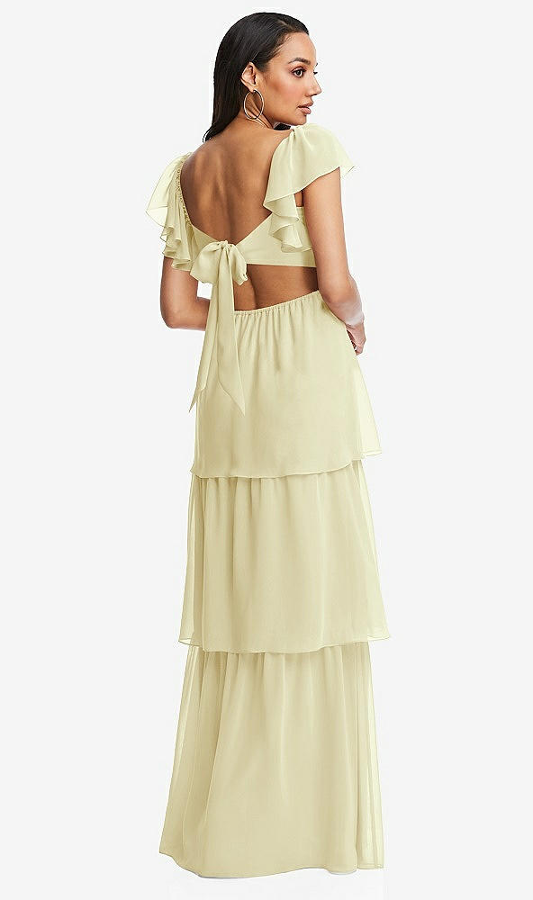 Back View - Butter Yellow Flutter Sleeve Cutout Tie-Back Maxi Dress with Tiered Ruffle Skirt