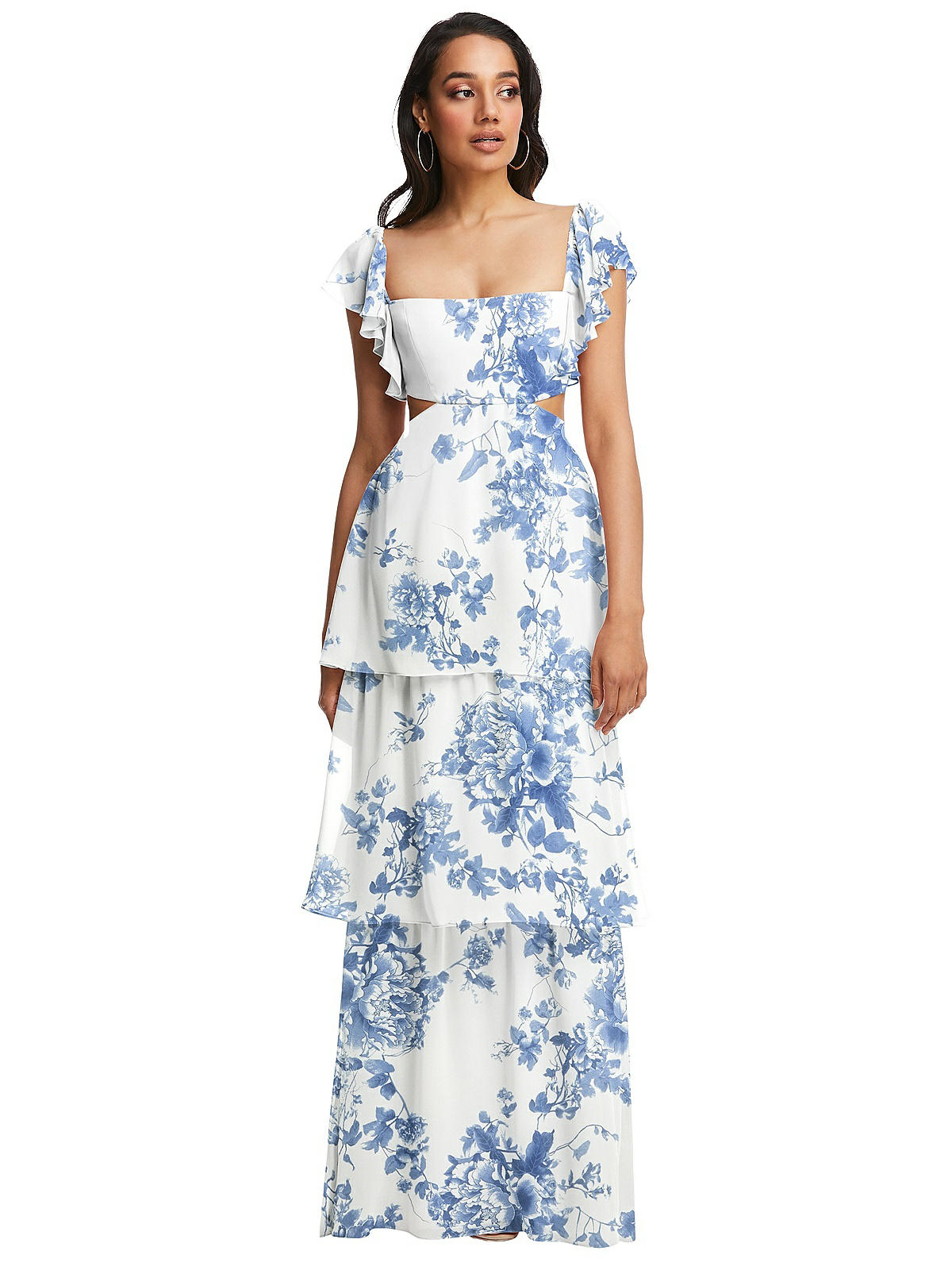 knee length dresses for ladies Blue Flutter Sleeve Ruffle Tiered Gown main image 1