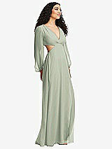 Side View Thumbnail - Celadon Long Puff Sleeve Cutout Waist Chiffon Maxi Dress