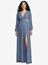 Front View Thumbnail - Larkspur Blue Long Puff Sleeve Cutout Waist Chiffon Maxi Dress