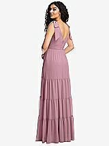 Rear View Thumbnail - Dusty Pink Bow-Shoulder Faux Wrap Maxi Dress with Tiered Skirt