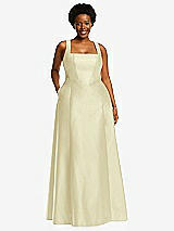 Alt View 1 Thumbnail - Butter Yellow Boned Corset Closed-Back Satin Gown with Full Skirt and Pockets
