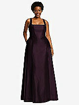 Alt View 1 Thumbnail - Deep Plum Boned Corset Closed-Back Satin Gown with Full Skirt and Pockets