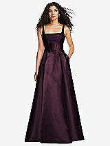 Front View Thumbnail - Deep Plum Boned Corset Closed-Back Satin Gown with Full Skirt and Pockets