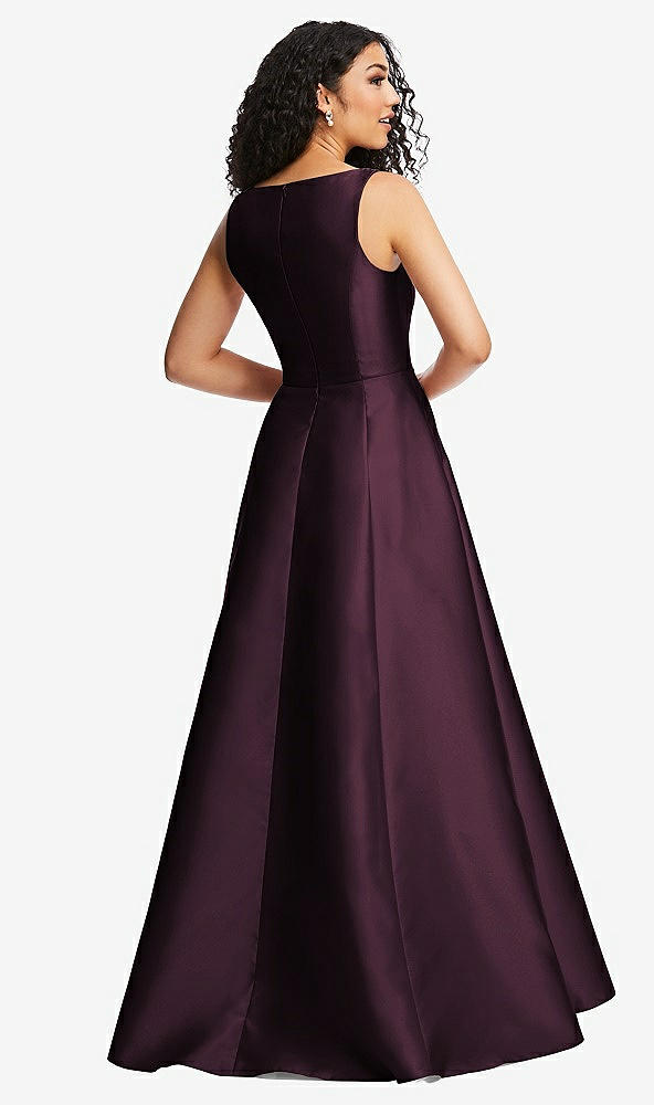 Back View - Deep Plum Boned Corset Closed-Back Satin Gown with Full Skirt and Pockets