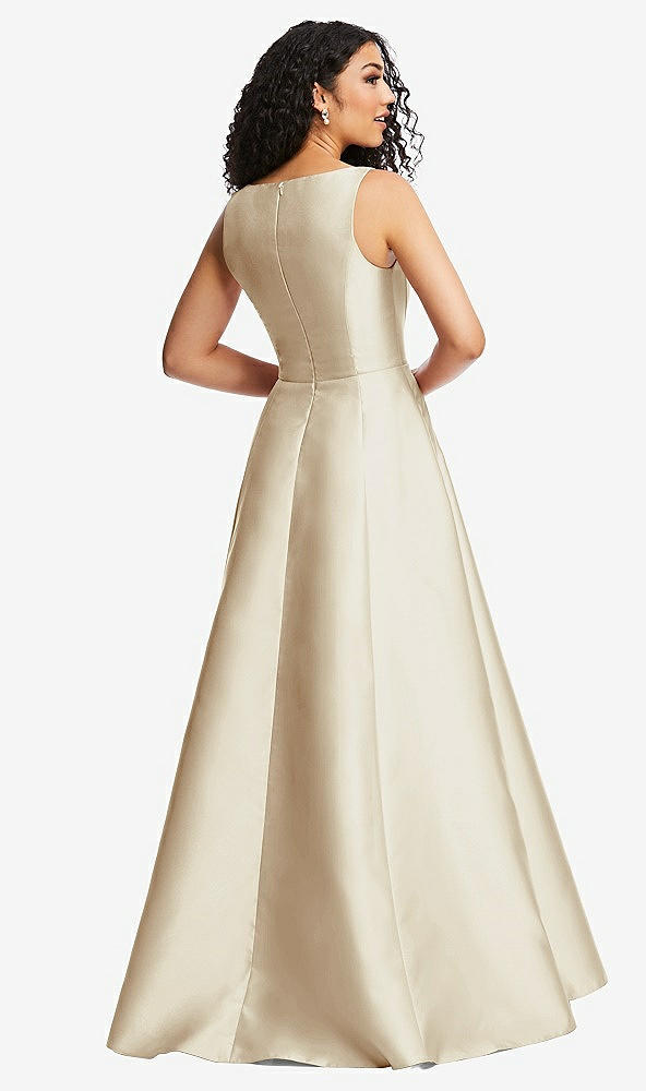 Back View - Champagne Boned Corset Closed-Back Satin Gown with Full Skirt and Pockets