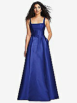 Front View Thumbnail - Cobalt Blue Boned Corset Closed-Back Satin Gown with Full Skirt and Pockets