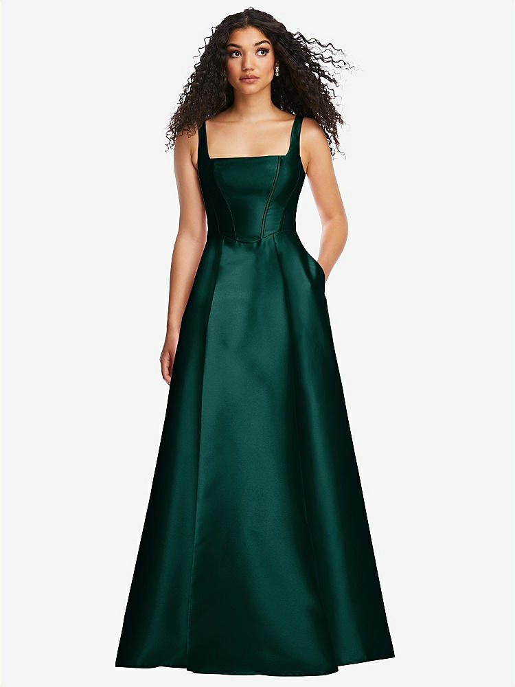 Square-neck Satin Maxi Bridesmaid Dress With Full Skirt In Evergreen | The Dessy Group Square-neck Satin Maxi Bridesmaid Dress With Full Skirt In Evergreen | The Dessy Group