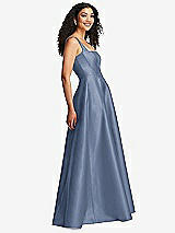 Side View Thumbnail - Larkspur Blue Boned Corset Closed-Back Satin Gown with Full Skirt and Pockets