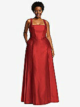Alt View 1 Thumbnail - Poppy Red Boned Corset Closed-Back Satin Gown with Full Skirt and Pockets