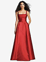 Front View Thumbnail - Poppy Red Boned Corset Closed-Back Satin Gown with Full Skirt and Pockets