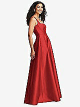Side View Thumbnail - Poppy Red Boned Corset Closed-Back Satin Gown with Full Skirt and Pockets