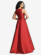 Rear View Thumbnail - Poppy Red Boned Corset Closed-Back Satin Gown with Full Skirt and Pockets