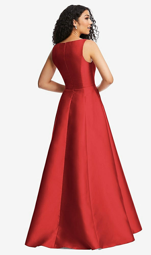 Back View - Poppy Red Boned Corset Closed-Back Satin Gown with Full Skirt and Pockets
