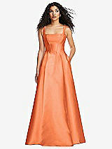 Front View Thumbnail - Portofino Orange Boned Corset Closed-Back Satin Gown with Full Skirt and Pockets
