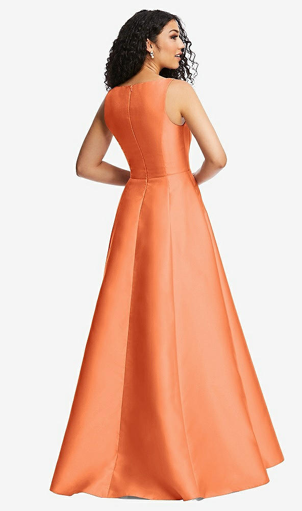 Back View - Portofino Orange Boned Corset Closed-Back Satin Gown with Full Skirt and Pockets