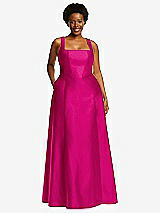 Alt View 1 Thumbnail - Think Pink Boned Corset Closed-Back Satin Gown with Full Skirt and Pockets