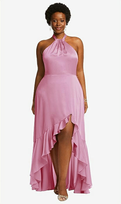 Tie-neck Halter Maxi Bridesmaid Dress With Asymmetric Cascade Ruffle Skirt  In Powder Pink