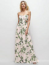 Front View Thumbnail - Palm Beach Print Strapless Empire Waist Cutout Maxi Dress with Covered Button Detail
