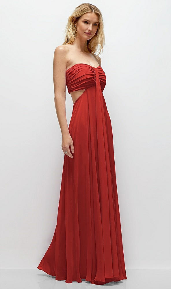 Back View - Poppy Red Strapless Empire Waist Cutout Maxi Dress with Covered Button Detail