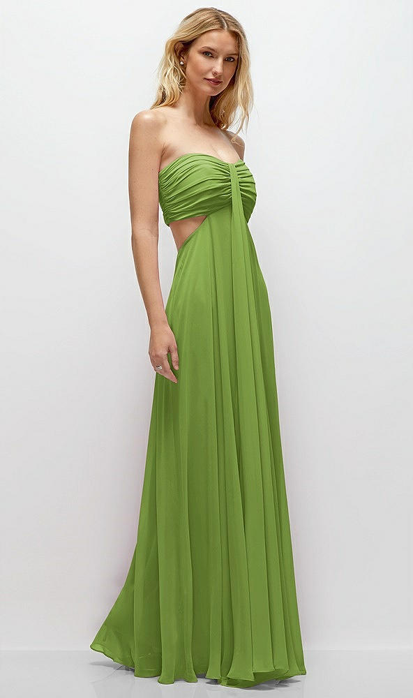 Back View - Peridot Green Strapless Empire Waist Cutout Maxi Dress with Covered Button Detail