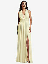 Front View Thumbnail - Butter Yellow Shirred Deep Plunge Neck Closed Back Chiffon Maxi Dress 