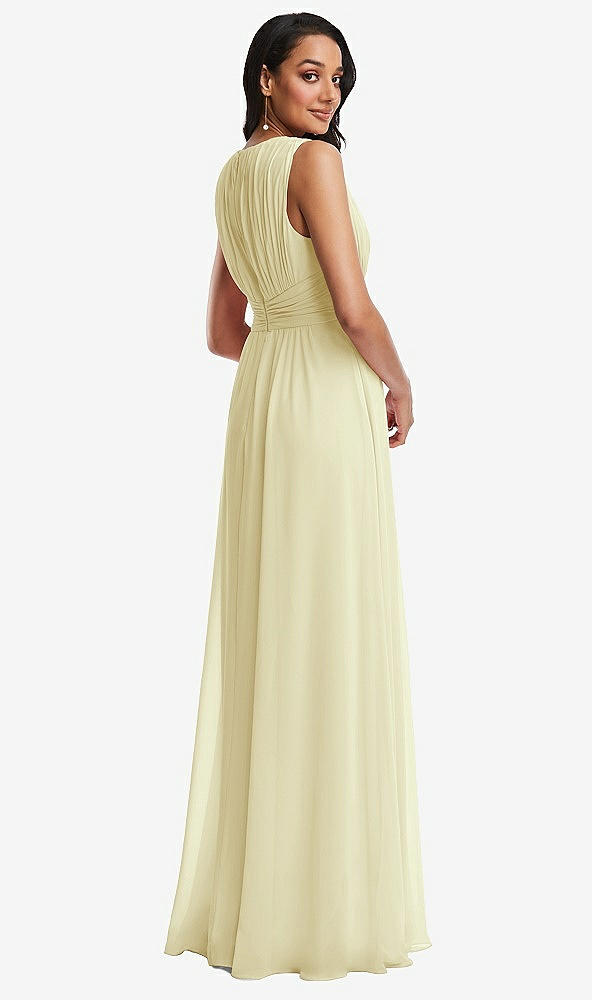 Back View - Butter Yellow Shirred Deep Plunge Neck Closed Back Chiffon Maxi Dress 