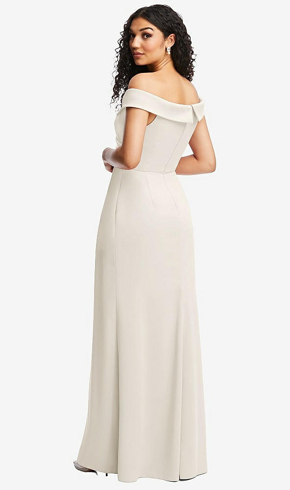 Back View - Ivory Cuffed Off-the-Shoulder Pleated Faux Wrap Maxi Dress