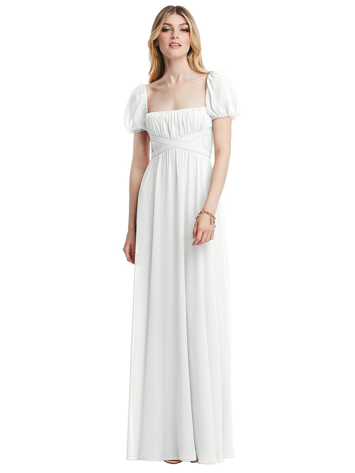 Regency Empire Waist Puff Sleeve Chiffon Maxi Bridesmaid Dress In White |  The Dessy Group
