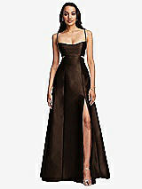 Front View Thumbnail - Espresso Open Neckline Cutout Satin Twill A-Line Gown with Pockets