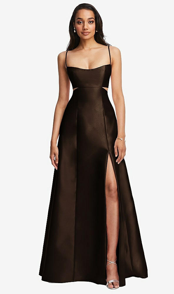 Front View - Espresso Open Neckline Cutout Satin Twill A-Line Gown with Pockets