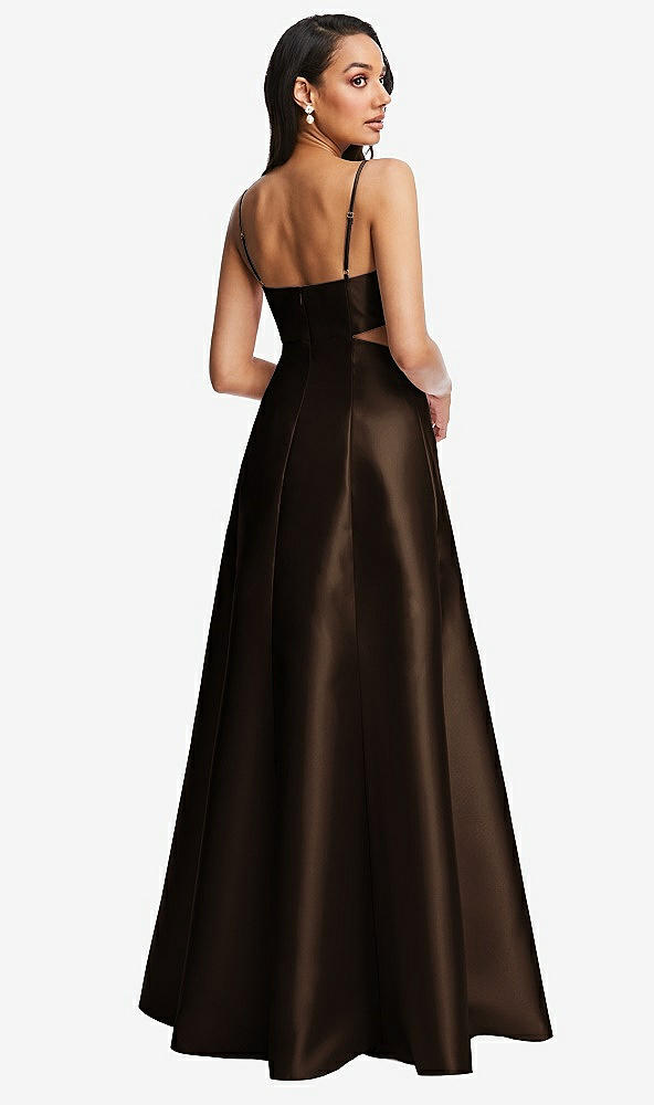 Back View - Espresso Open Neckline Cutout Satin Twill A-Line Gown with Pockets
