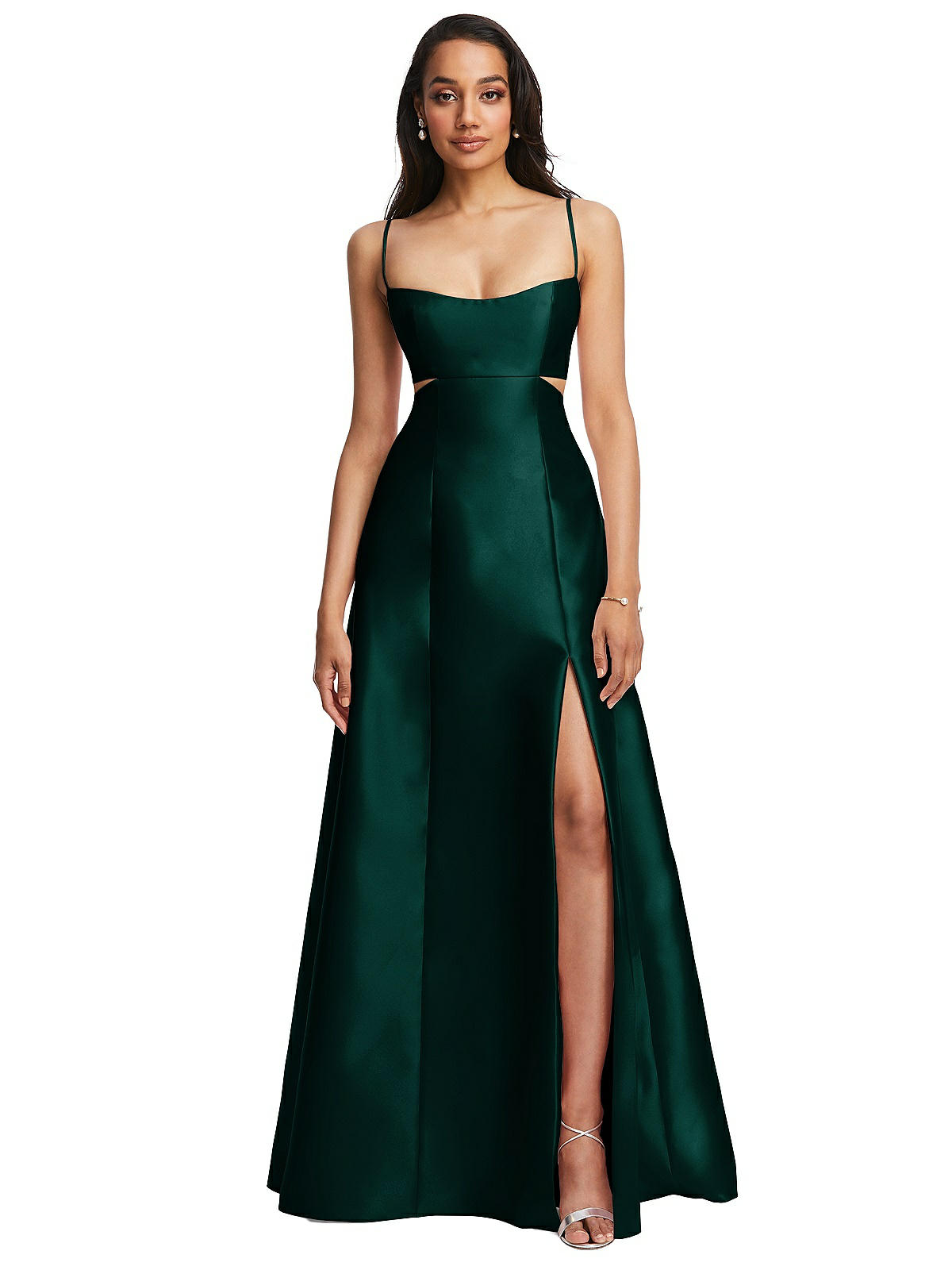 Open Neckline Cutout Satin Twill A-line Bridesmaid Dress With Pockets In Evergreen | The Dessy Group Open Neckline Cutout Satin Twill A-line Bridesmaid Dress With Pockets In Evergreen | The Dessy Group
