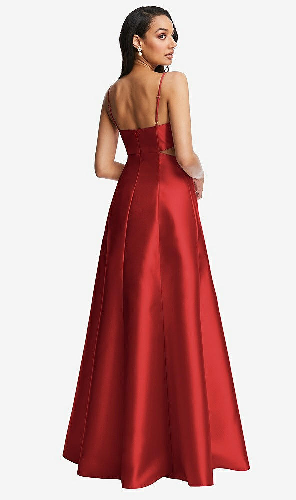 Back View - Poppy Red Open Neckline Cutout Satin Twill A-Line Gown with Pockets