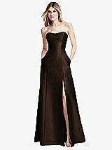 Rear View Thumbnail - Espresso Strapless A-line Satin Gown with Modern Bow Detail