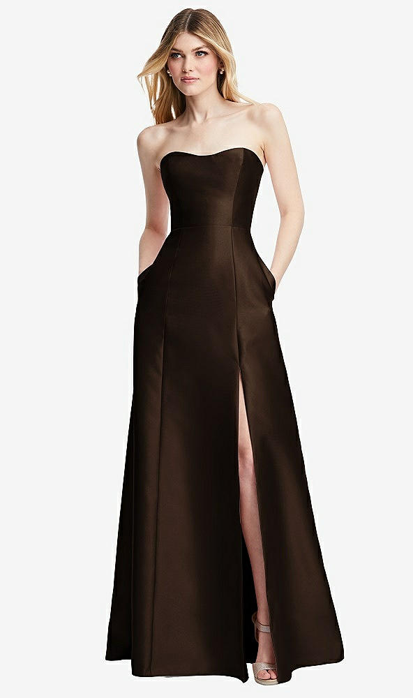 Back View - Espresso Strapless A-line Satin Gown with Modern Bow Detail