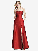 Rear View Thumbnail - Poppy Red Strapless A-line Satin Gown with Modern Bow Detail