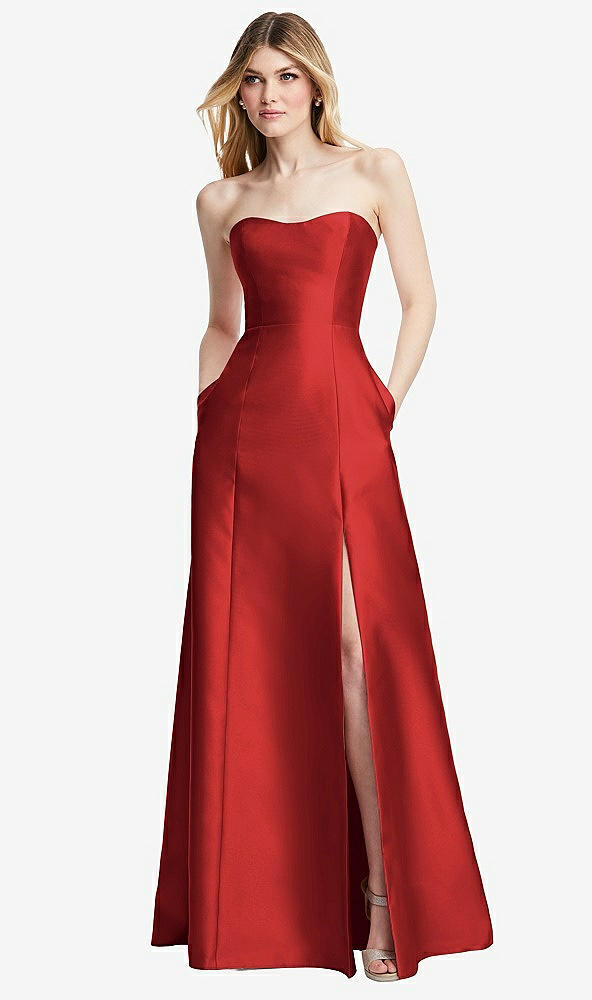 Back View - Poppy Red Strapless A-line Satin Gown with Modern Bow Detail