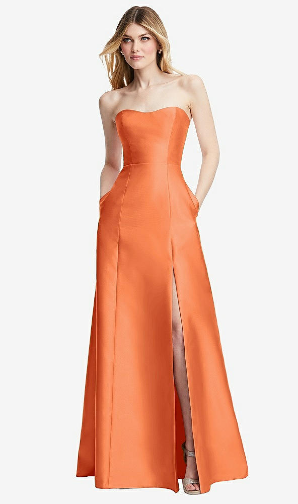 Back View - Portofino Orange Strapless A-line Satin Gown with Modern Bow Detail