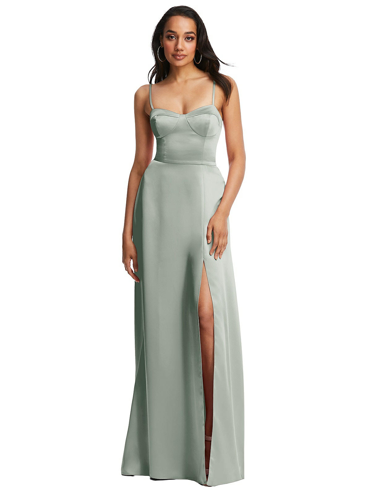 Bustier A-line Maxi Bridesmaid Dress With Adjustable Spaghetti Straps In Willow Green | The Dessy Group Bustier A-line Maxi Bridesmaid Dress With Adjustable Spaghetti Straps In Willow Green | The Dessy Group