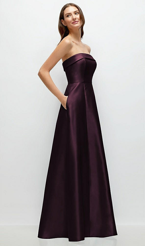 Back View - Deep Plum Strapless Bias Cuff Bodice Satin Gown with Pockets