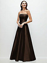 Front View Thumbnail - Espresso Strapless Bias Cuff Bodice Satin Gown with Pockets